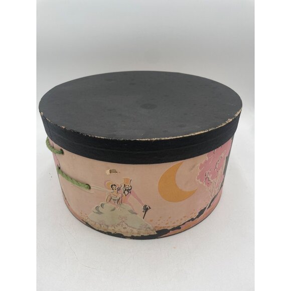 Antique Cardboard Hat Box 17th Century Garden Party Graphics 1920s13"x7" - Picture 3 of 6